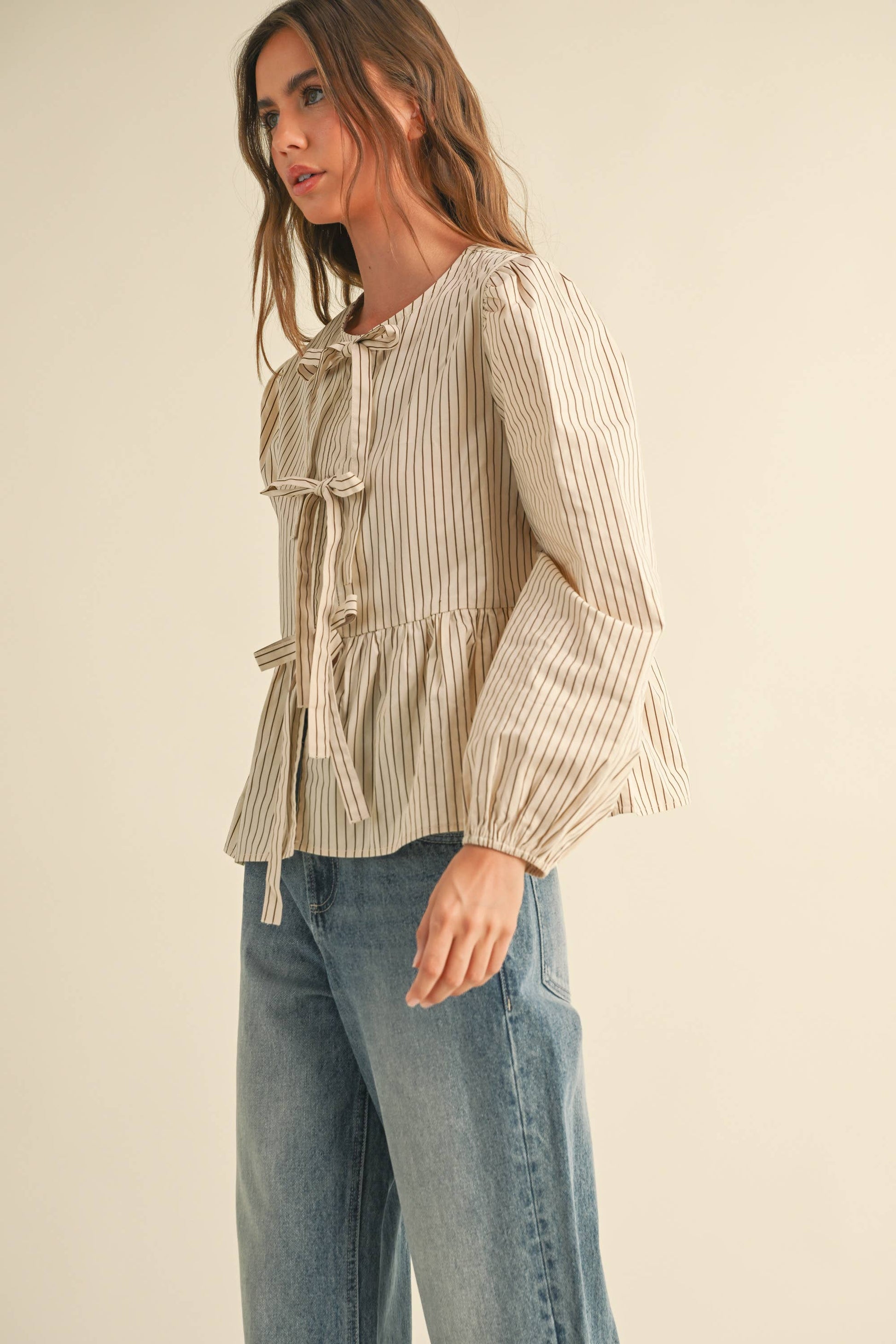 T4578 STRIPED WOVEN BLOUSE WITH TIE FRONT-Blue Hand Home