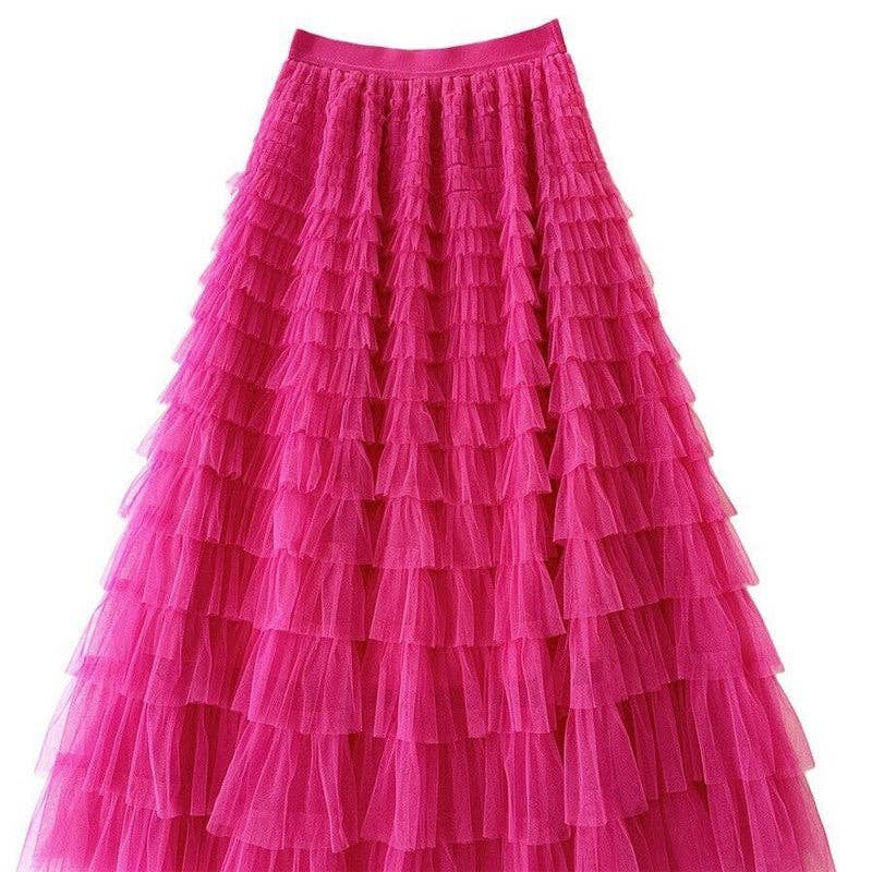 Solid Color High-Waisted Tulle Puffy Midi Skirt-Blue Hand Home