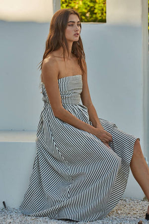 L6998 | Striped Tube Neck Strapless Flare Maxi Dress-Blue Hand Home