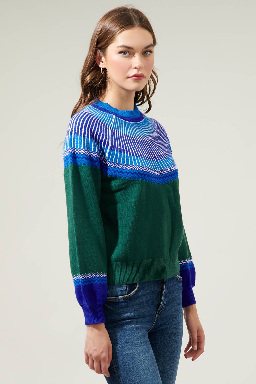 Lacey Way Round Neck Fair-Isle Sweater-Blue Hand Home