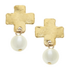 Handcast Gold Cross with Glass Pearl Earrings-Blue Hand Home