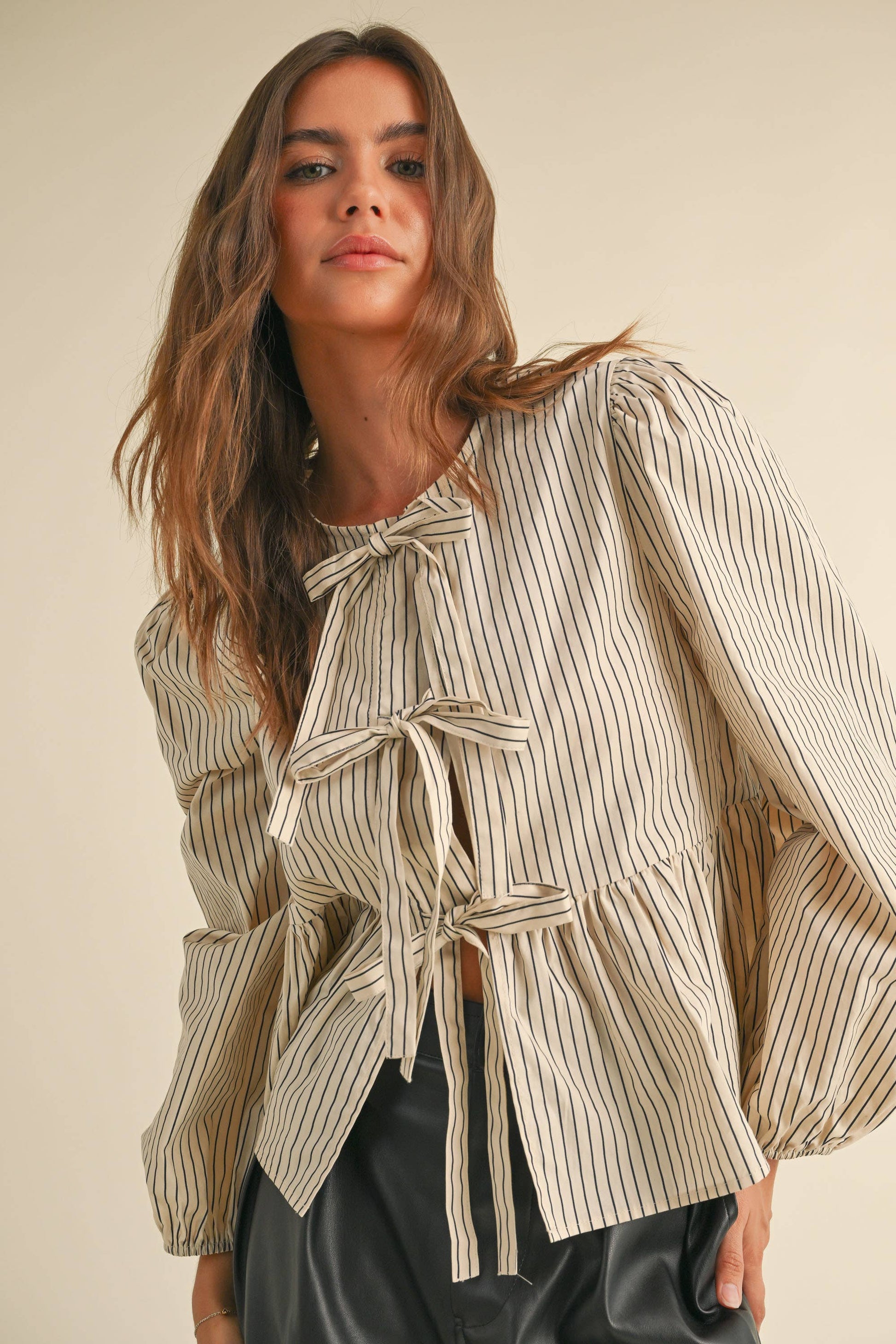 T4578 STRIPED WOVEN BLOUSE WITH TIE FRONT-Blue Hand Home