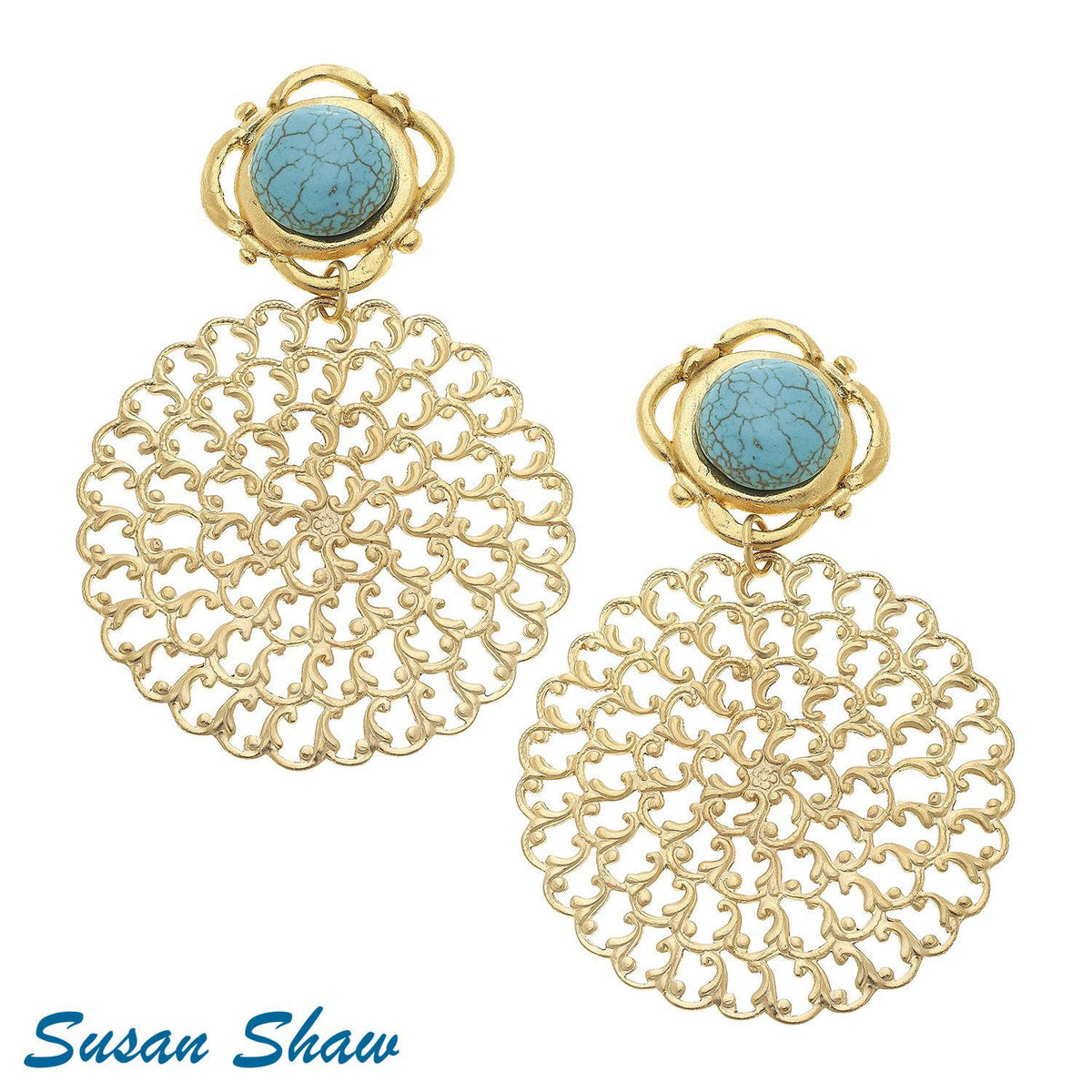 Handcast Gold Filigree &amp; Genuine Turquoise Clip Earrings.-Blue Hand Home