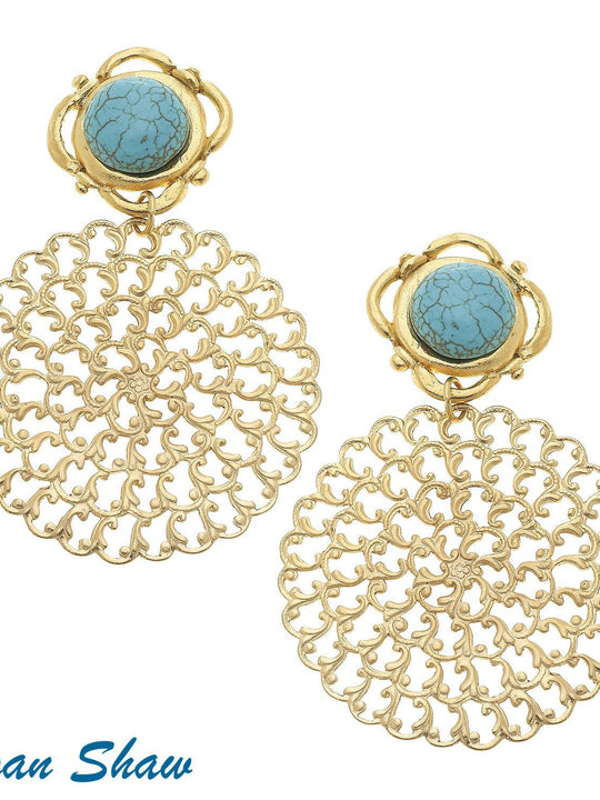 Handcast Gold Filigree & Genuine Turquoise Clip Earrings.