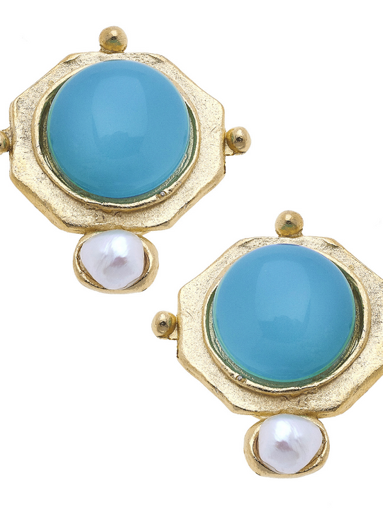 Handcast Gold with Blue Quartz and Freshwater Pearl CLIP Earring