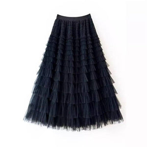 Solid Color High-Waisted Tulle Puffy Midi Skirt-Blue Hand Home