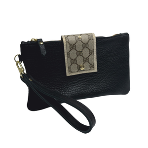 Stella Wristlet In Black Leather | Upcycled GG-Blue Hand Home