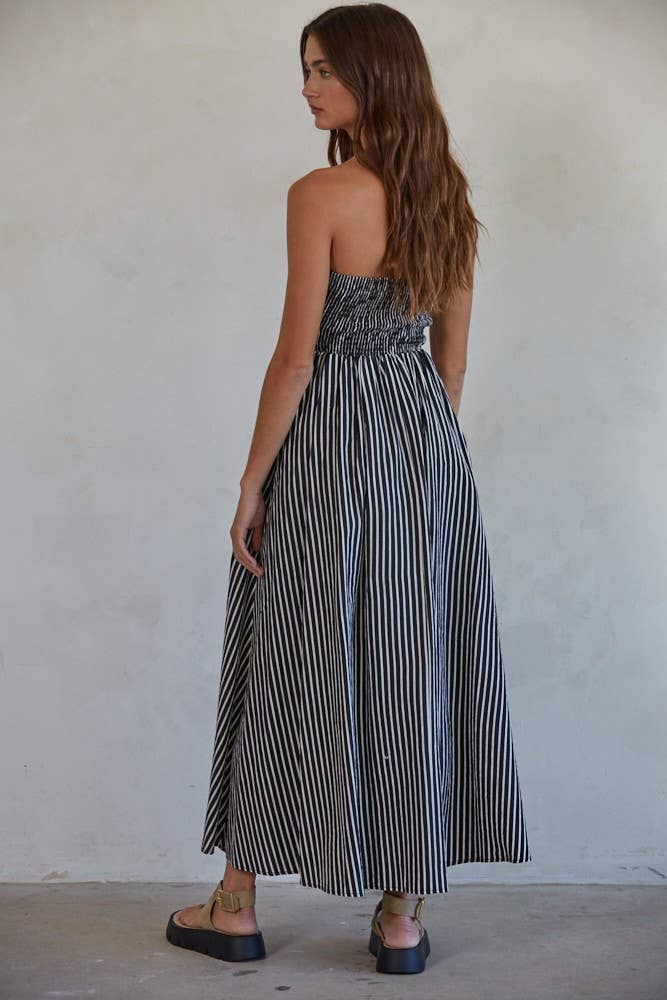 L6998 | Striped Tube Neck Strapless Flare Maxi Dress-Blue Hand Home