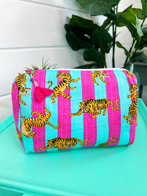 Quilted Tiger Print Makeup Bag | Cosmetics Toiletry Bag-Blue Hand Home