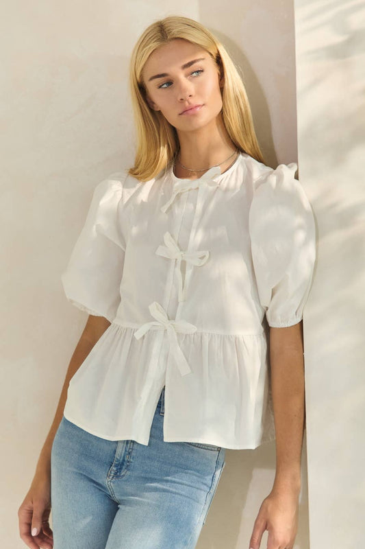 Solid Cotton Poplin Front Tie Ribbon Blouse-Blue Hand Home