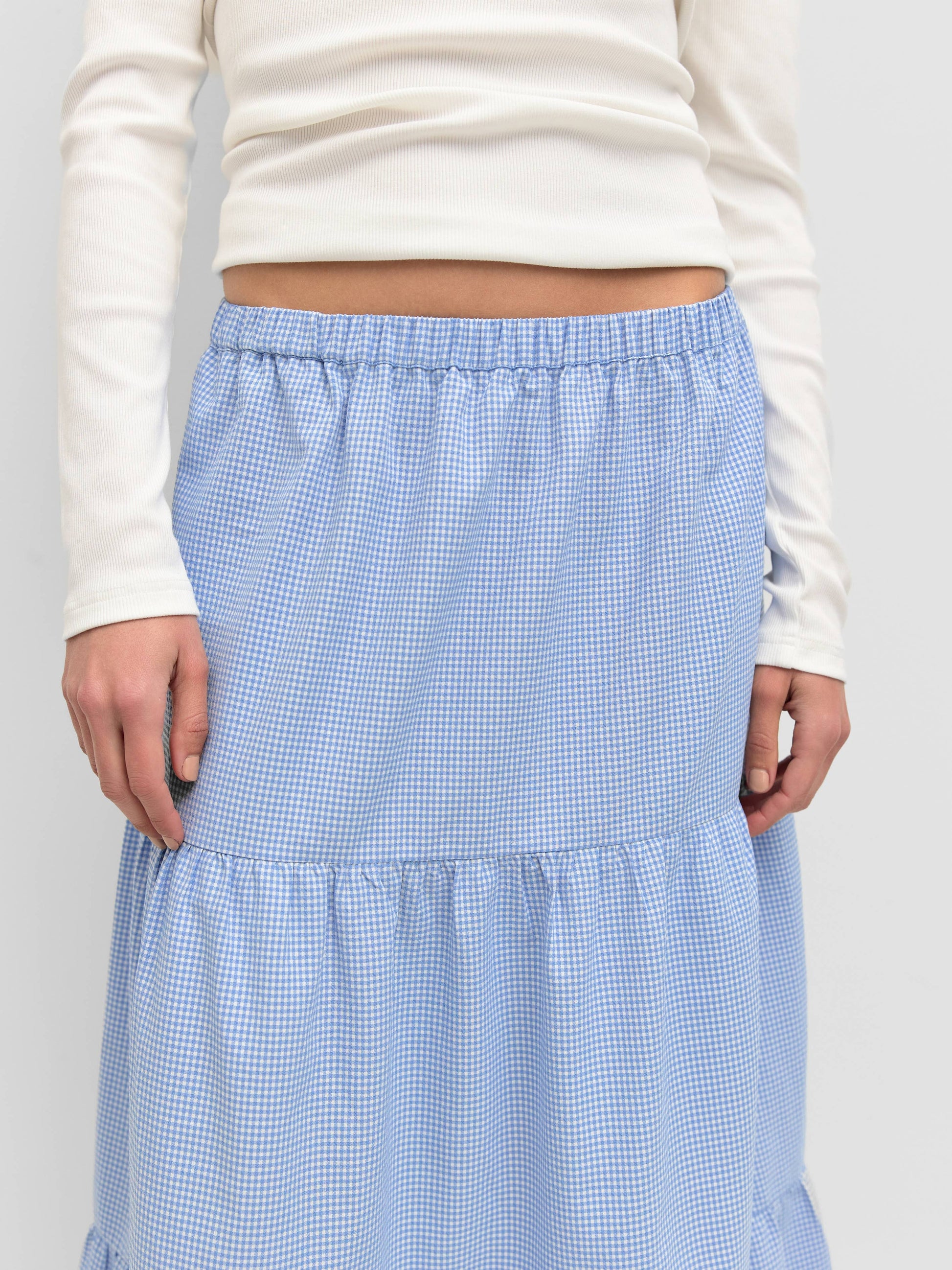 The Emilie Skirt | Tiered Gingham Midi Skirt-Blue Hand Home