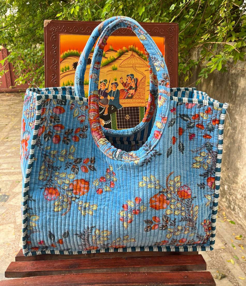 Large Quilted Velvet Cotton Handmade Bag Eco Friendly Boho-Blue Hand Home