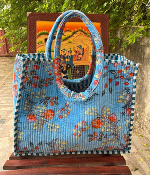 Large Quilted Velvet Cotton Handmade Bag Eco Friendly Boho-Blue Hand Home