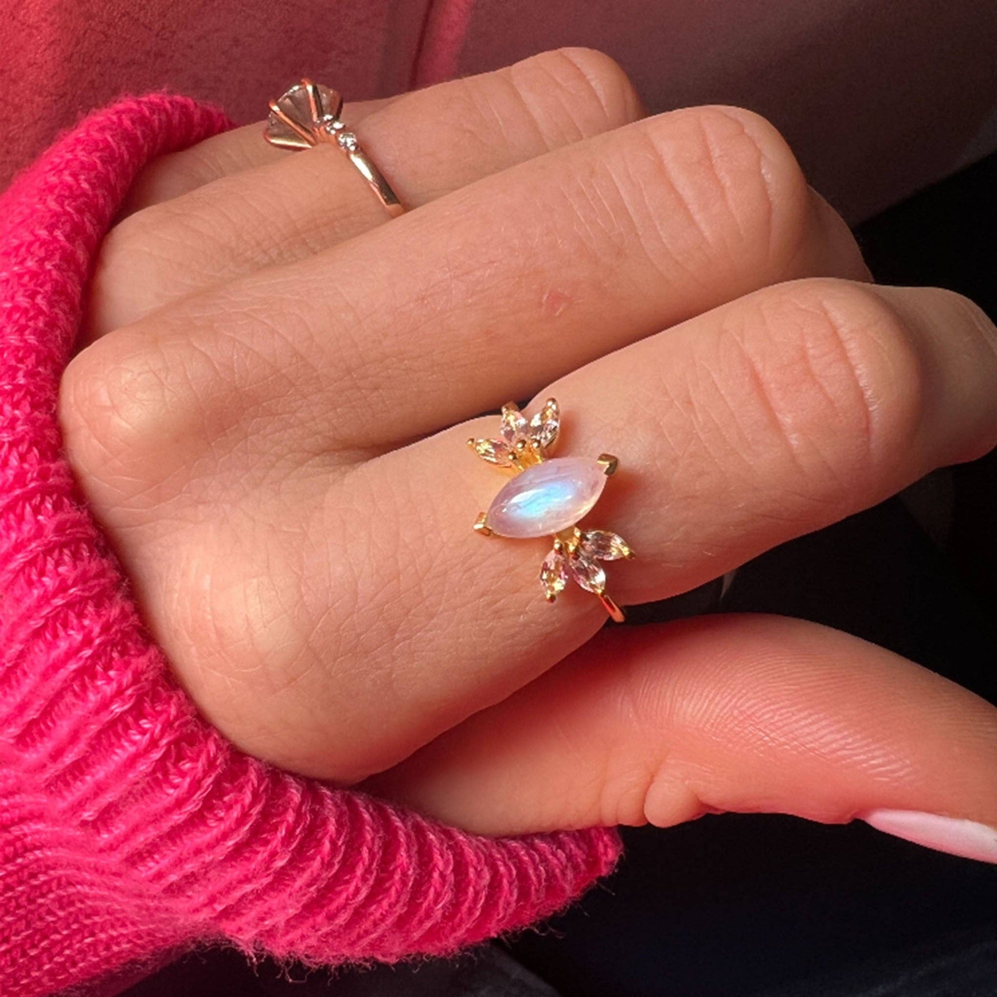 Rainbow Moonstone & Topaz Fly Away With Me Ring-Blue Hand Home