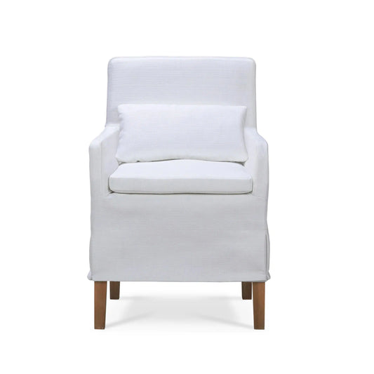 Bilboa Slipcovered Arm Dining Chair In Straw Wash w/ Arctic White Performance Fabric-Blue Hand Home