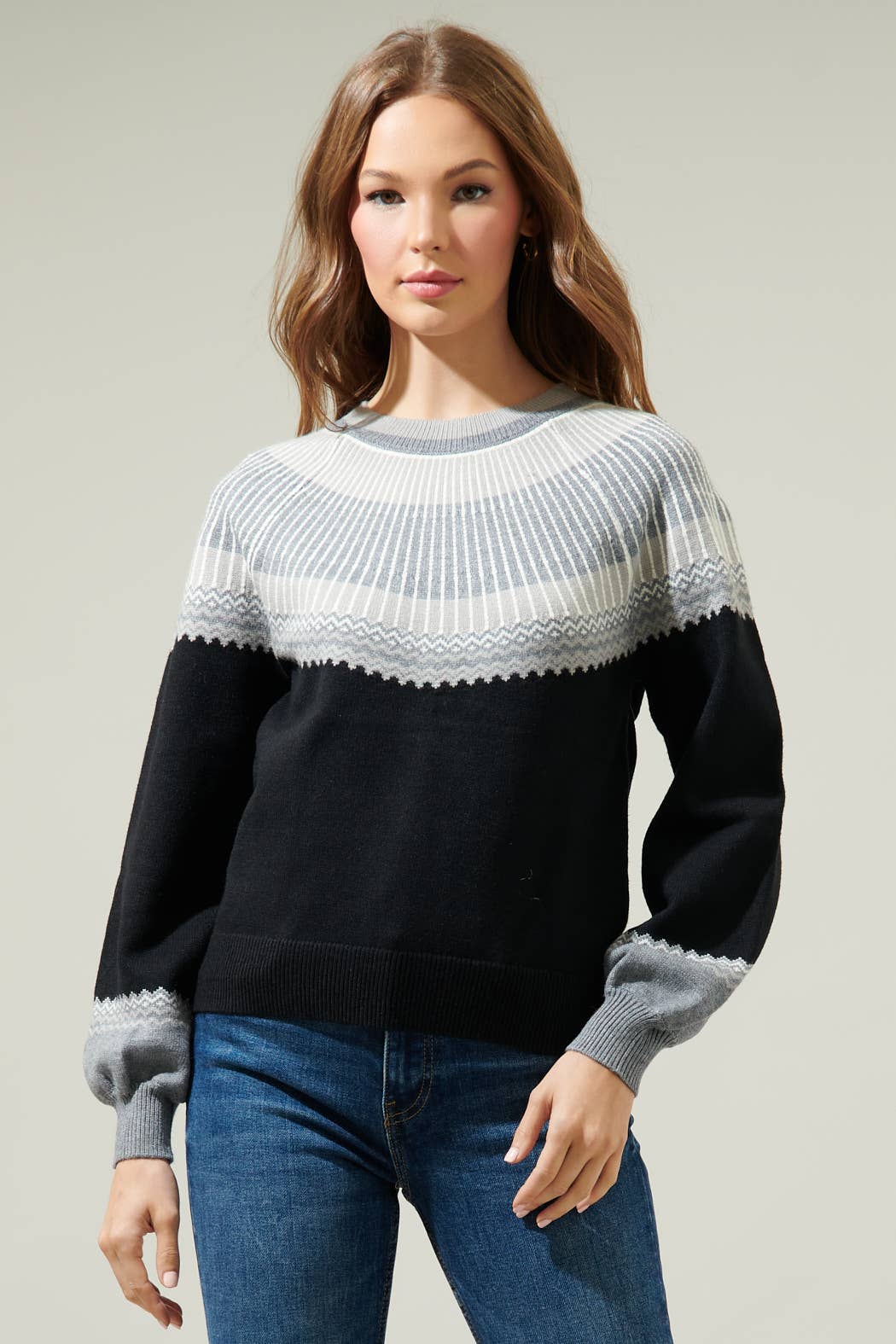 Lacey Way Round Neck Fair-Isle Sweater-Blue Hand Home