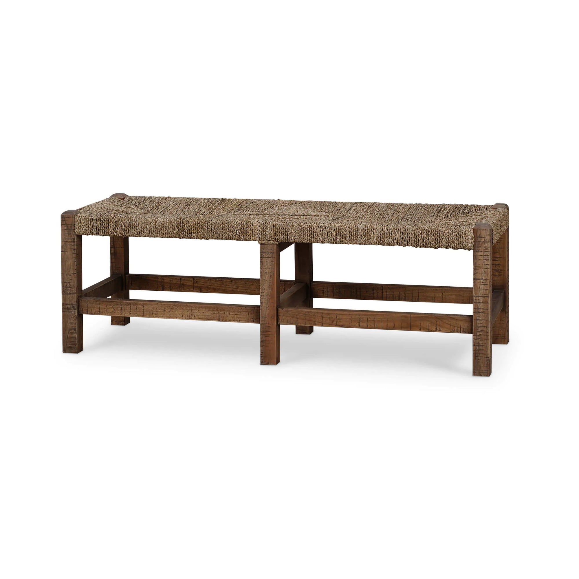 Tuscan Teak Bench In Tuscan Brown w/ Sea Grass Seat-Blue Hand Home