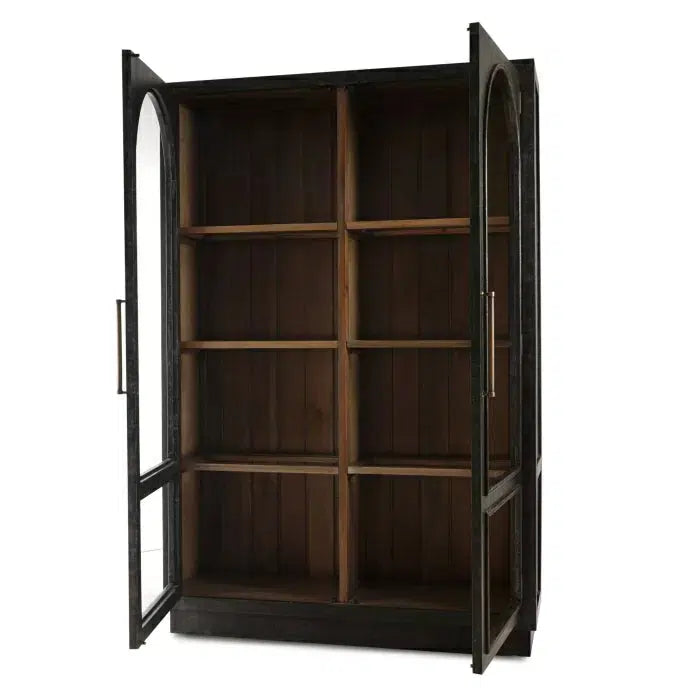 Vannes 2 Door Display Cabinet w/ Glass Shelves in Vintage Black w/ Straw Wash Interior-Blue Hand Home