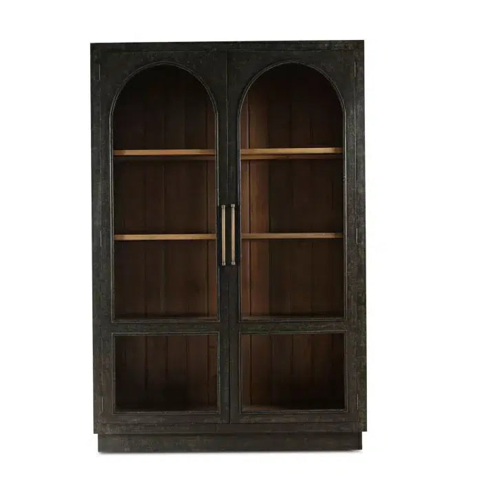 Vannes 2 Door Display Cabinet w/ Glass Shelves in Vintage Black w/ Straw Wash Interior-Blue Hand Home