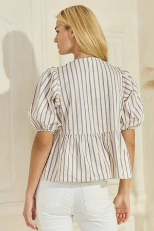 Striped Cotton Poplin Front Tie Ribbon Blouse-Blue Hand Home