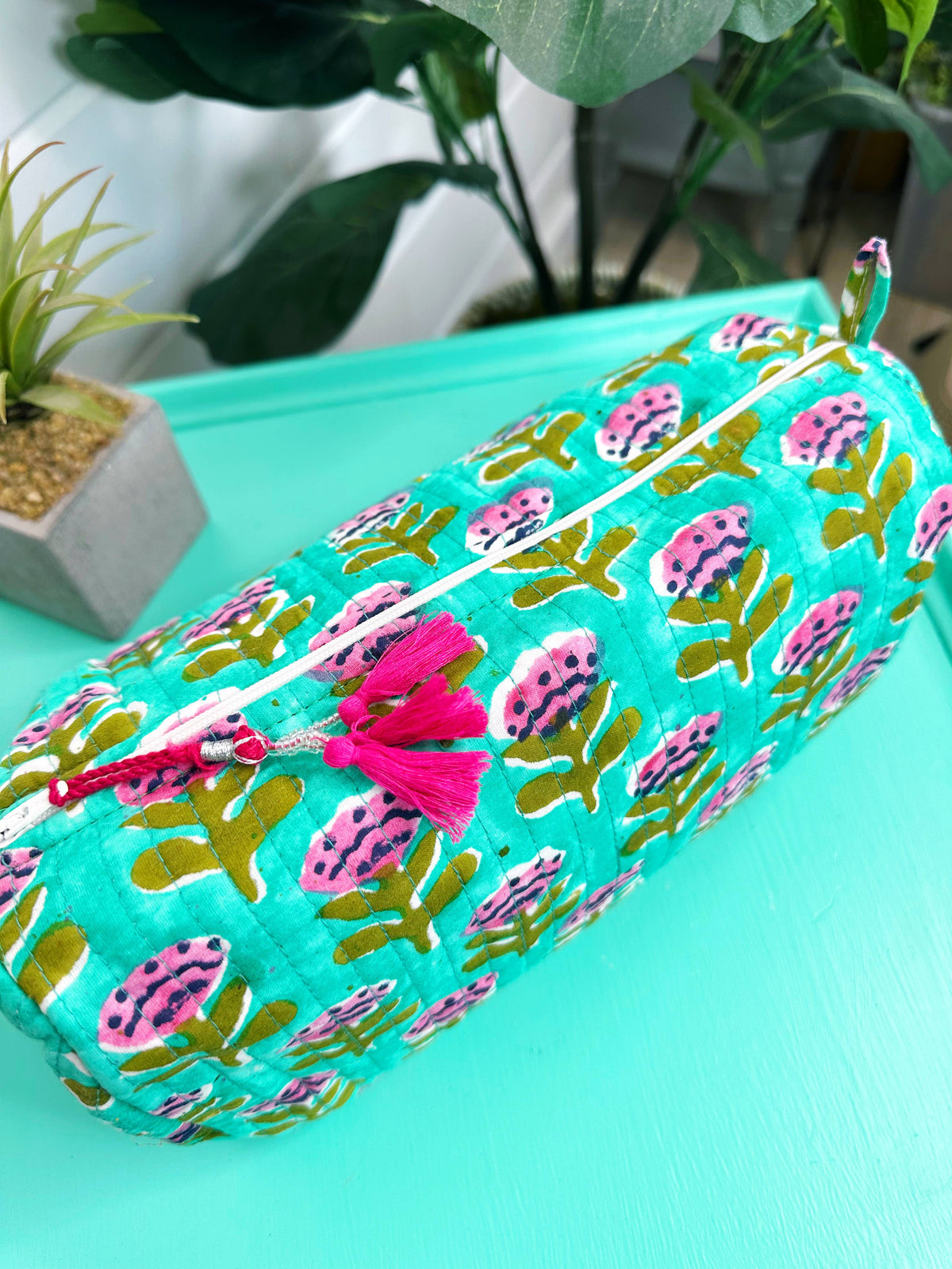 Quilted Makeup Bags | Cosmetic Toiletry Bag | Aqua Floral-Blue Hand Home