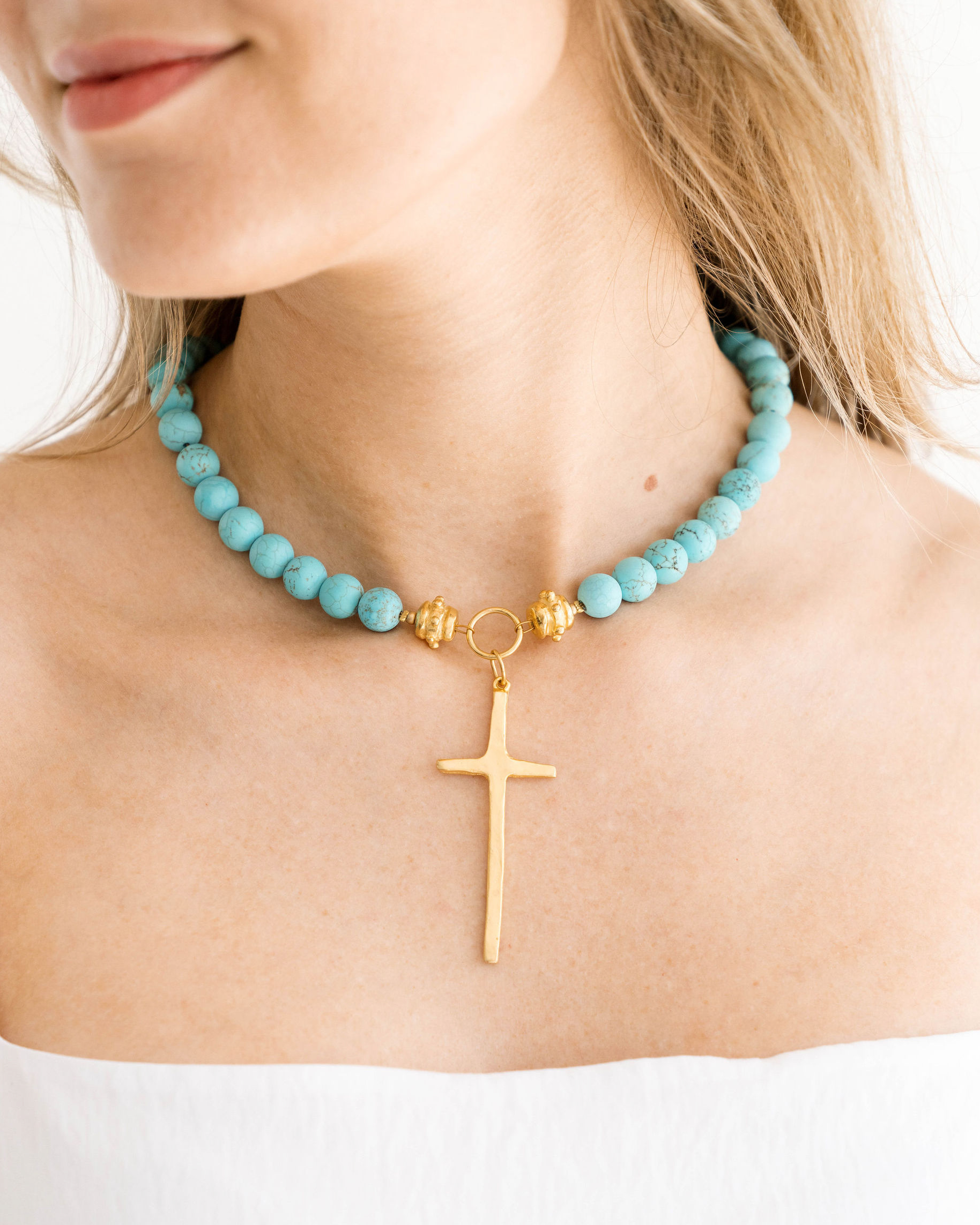 Elongated Cross Matte Turquoise Necklace-Blue Hand Home