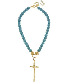 Elongated Cross Matte Turquoise Necklace-Blue Hand Home