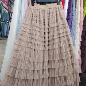 Solid Color High-Waisted Tulle Puffy Midi Skirt-Blue Hand Home