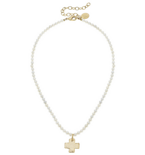 Handcast Gold Cross on Freshwater Pearl Necklace-Blue Hand Home