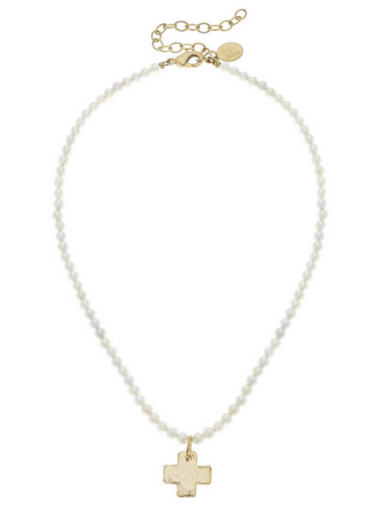 Handcast Gold Cross on Freshwater Pearl Necklace