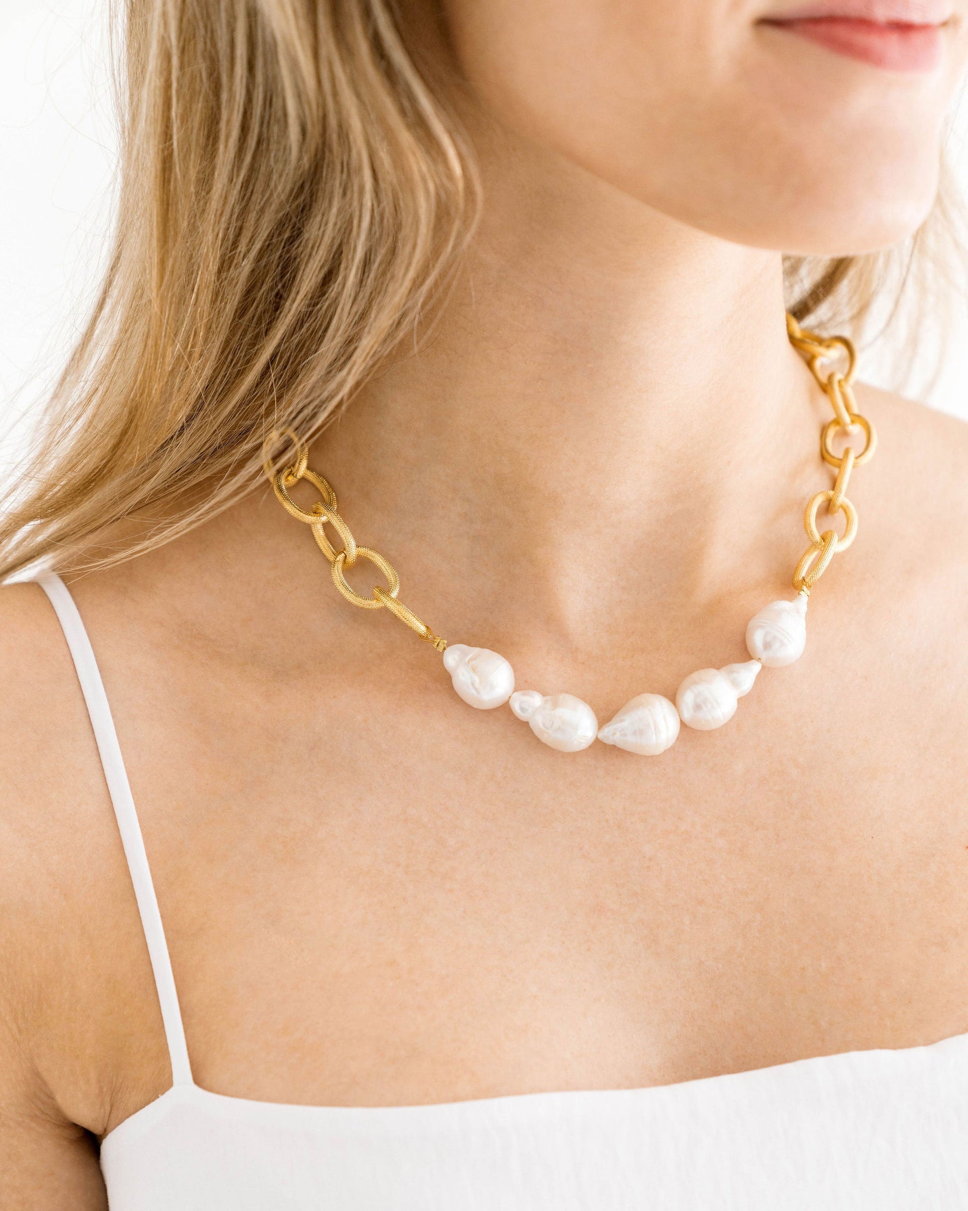 Susan Shaw Gold Textured Loop Chain w/ Genuine Freshwater Baroque Pearls-Blue Hand Home