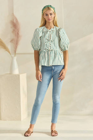 Striped Cotton Poplin Front Tie Ribbon Blouse-Blue Hand Home