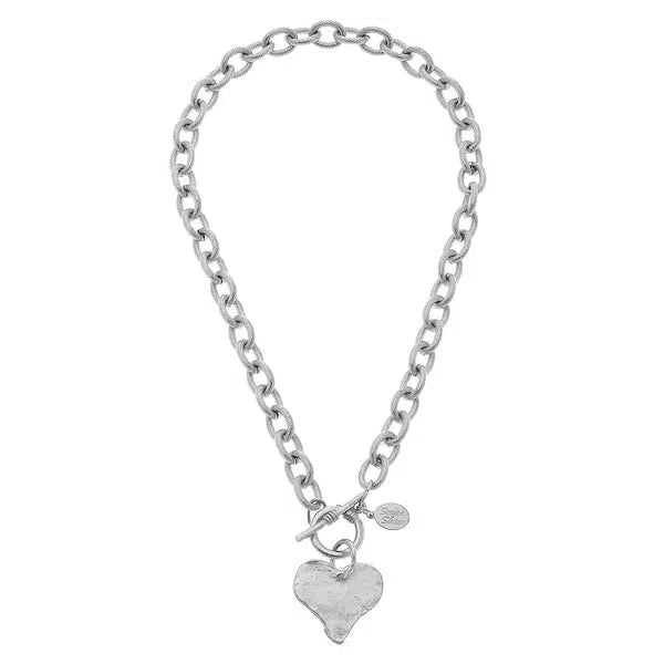 Handcast Silver Heart Front-Toggle Necklace-Blue Hand Home