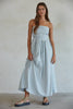 L6998 | Striped Tube Neck Strapless Flare Maxi Dress-Blue Hand Home