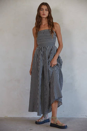 L6998 | Striped Tube Neck Strapless Flare Maxi Dress-Blue Hand Home