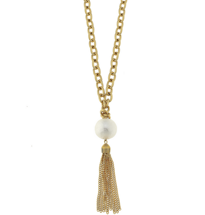 32&quot; of Gold Chain with White Cotton Pearl and Tassel-Blue Hand Home