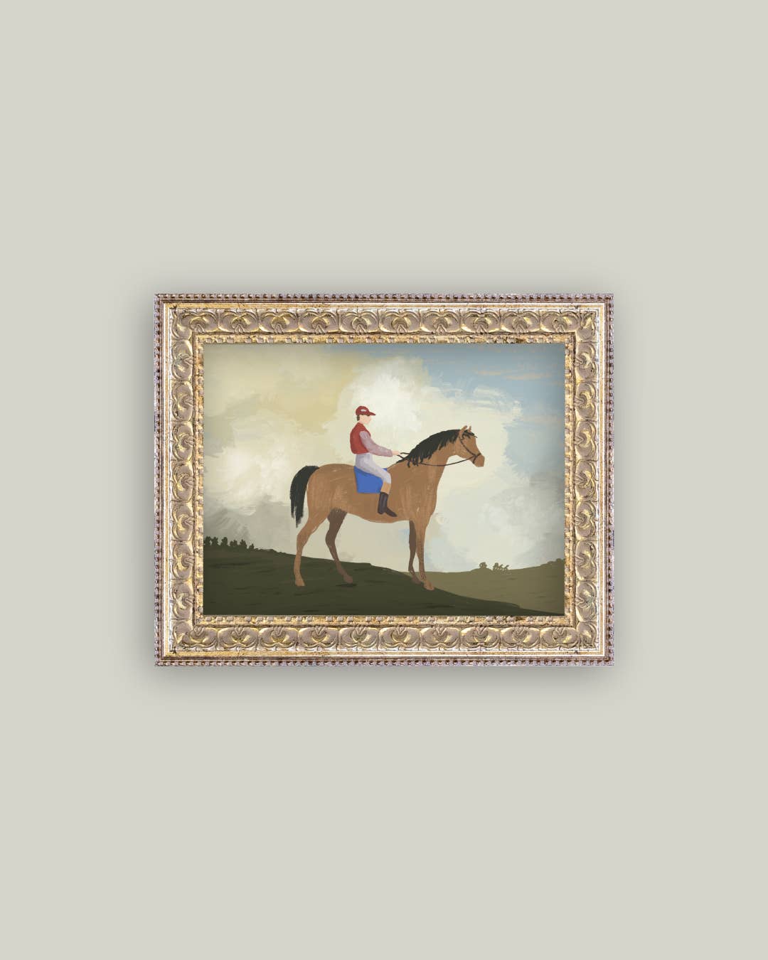 Horse Rider Framed Antique Art-Blue Hand Home