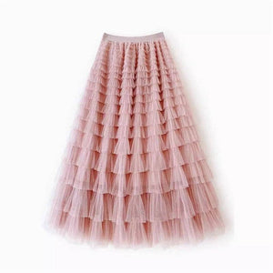 Solid Color High-Waisted Tulle Puffy Midi Skirt-Blue Hand Home