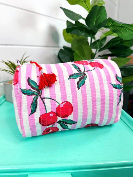 Quilted Makeup Bag | Cosmetics Toiletry Bag | Cherry Print-Blue Hand Home