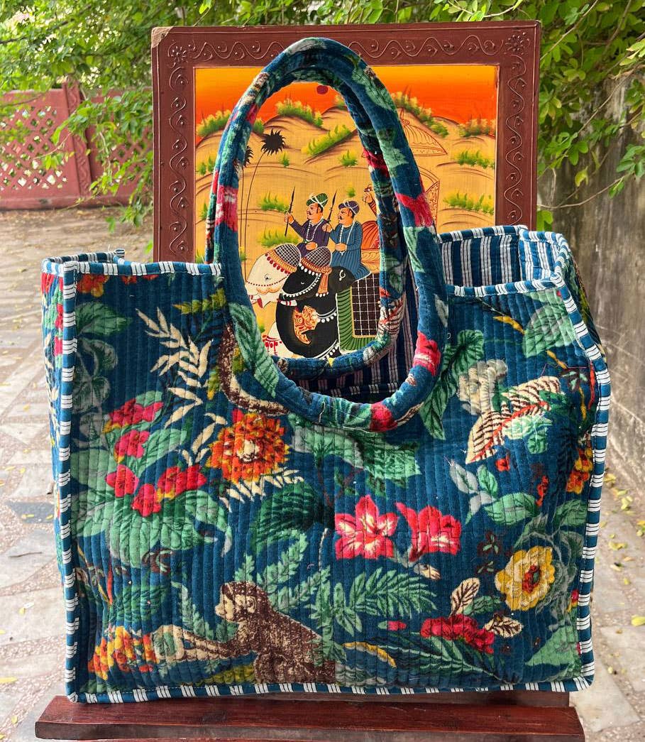 Monkey Printed Indian Velvet Cotton Bag Quilted Shoulder Bag-Blue Hand Home