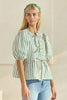 Striped Cotton Poplin Front Tie Ribbon Blouse-Blue Hand Home