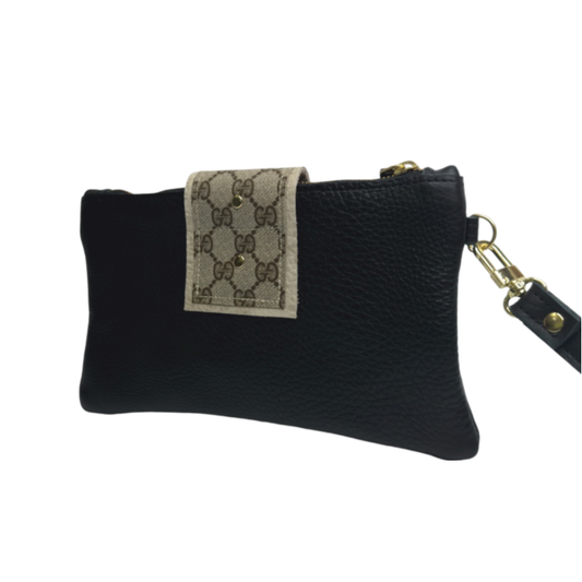 Stella Wristlet In Black Leather | Upcycled GG-Blue Hand Home