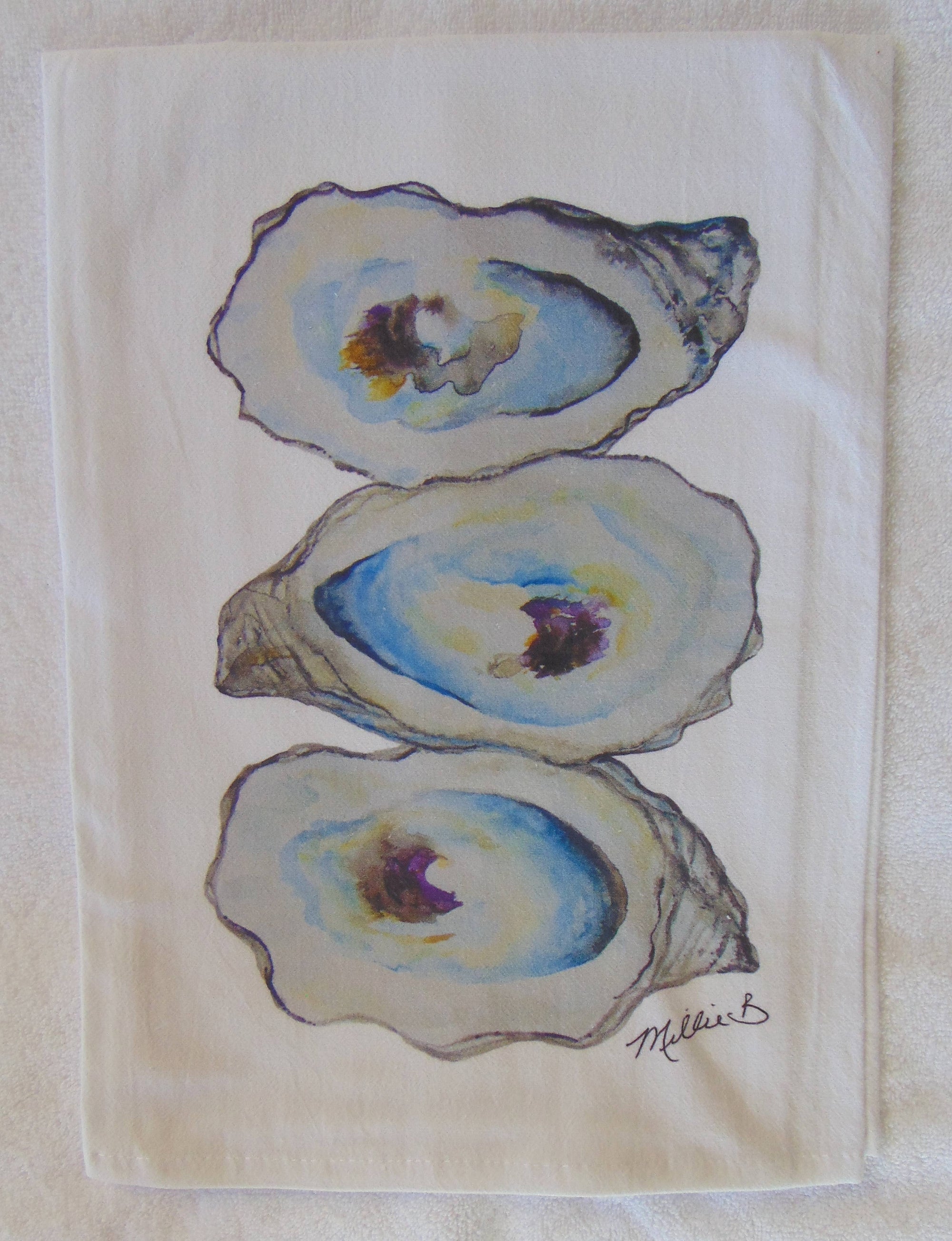 Limited Edition Watercolor 3 Oysters Flour Sack Towel-Blue Hand Home