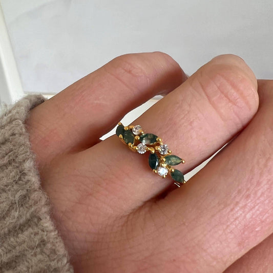 Yellow Gold Moss Agate & Topaz Orchard Ring-Blue Hand Home