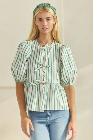 Striped Cotton Poplin Front Tie Ribbon Blouse-Blue Hand Home