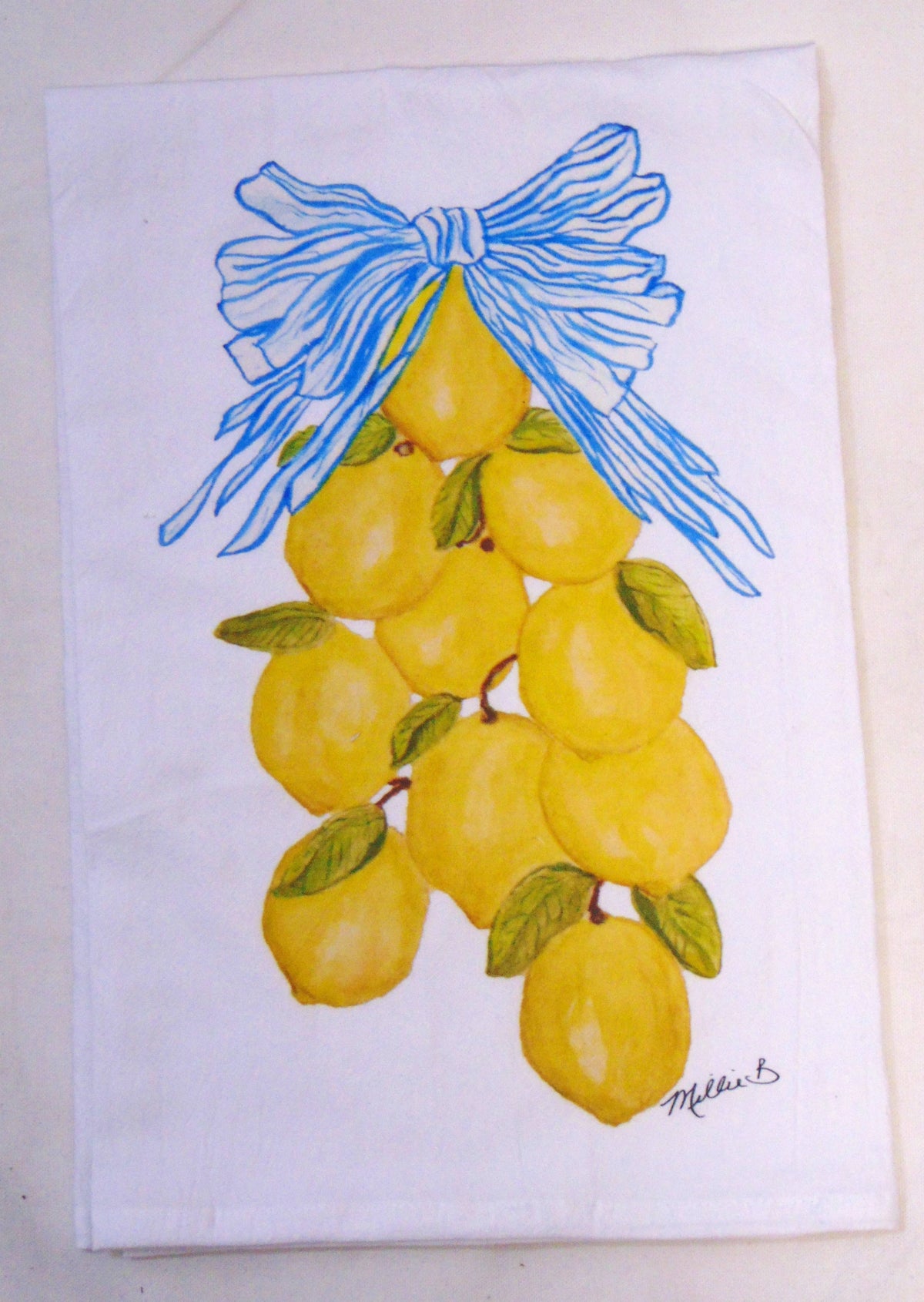 Limited Edition Lemon Garland on White Flour Sack Towel-Blue Hand Home