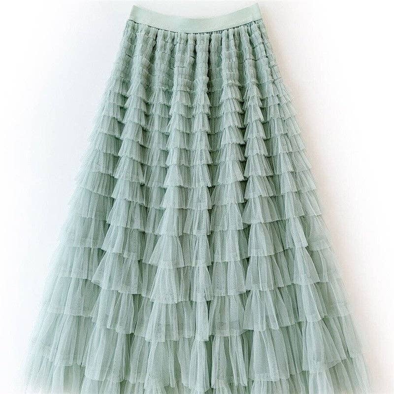 Solid Color High-Waisted Tulle Puffy Midi Skirt-Blue Hand Home