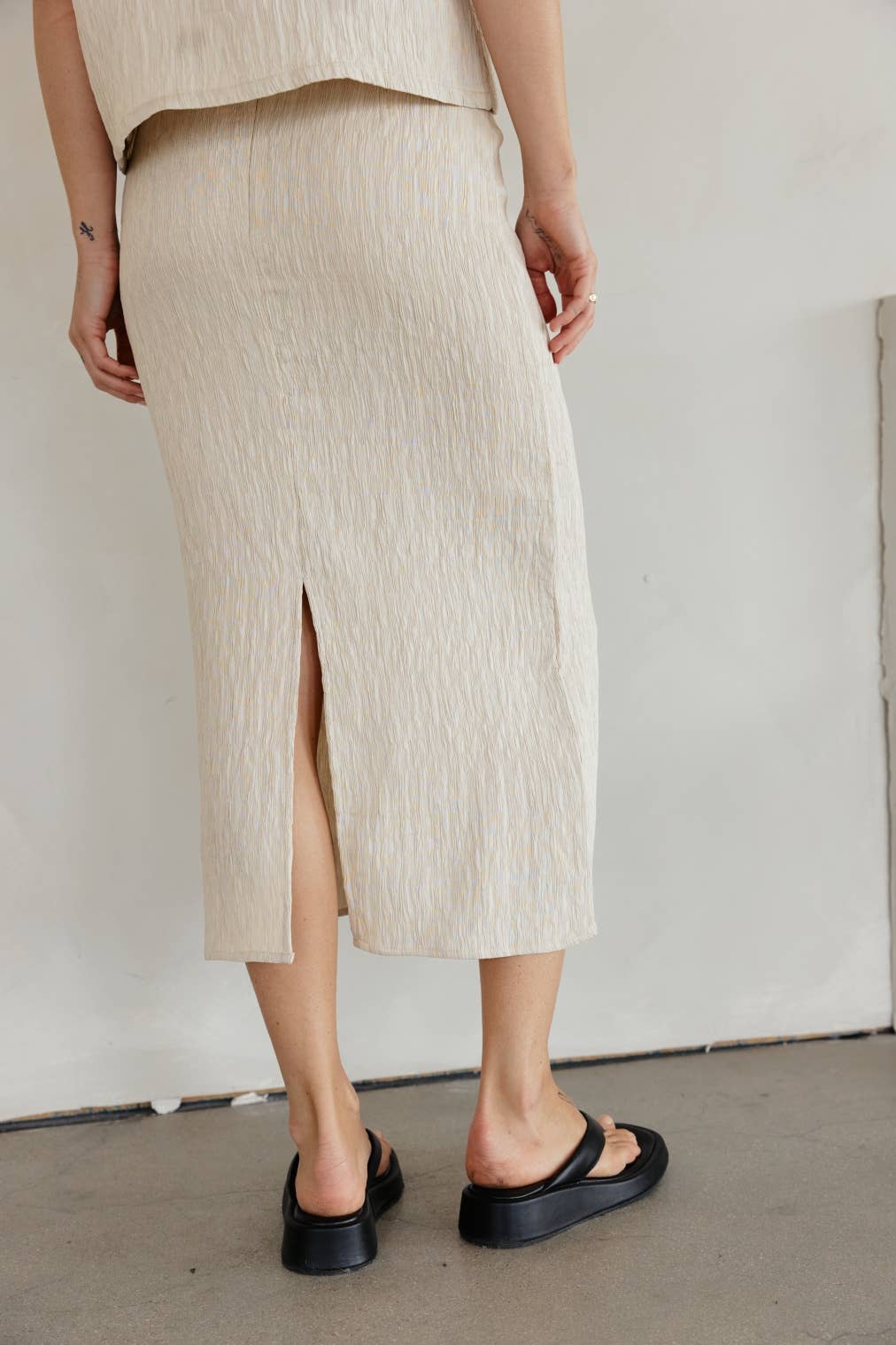 The Miranda Skirt | Textured Midi Skirt with Back Slit-Blue Hand Home