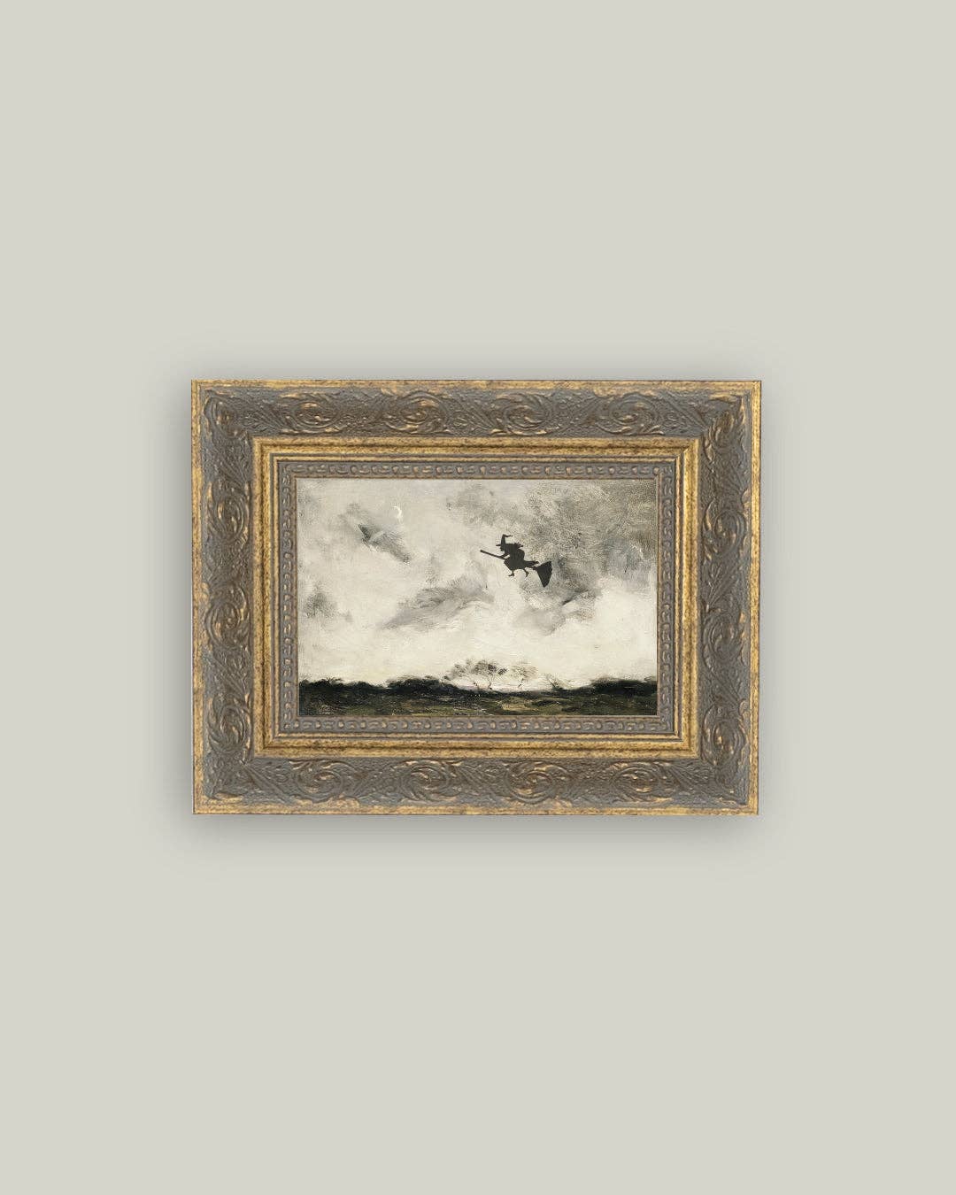 Witch Flying Through The Night Framed Antique Art-Blue Hand Home