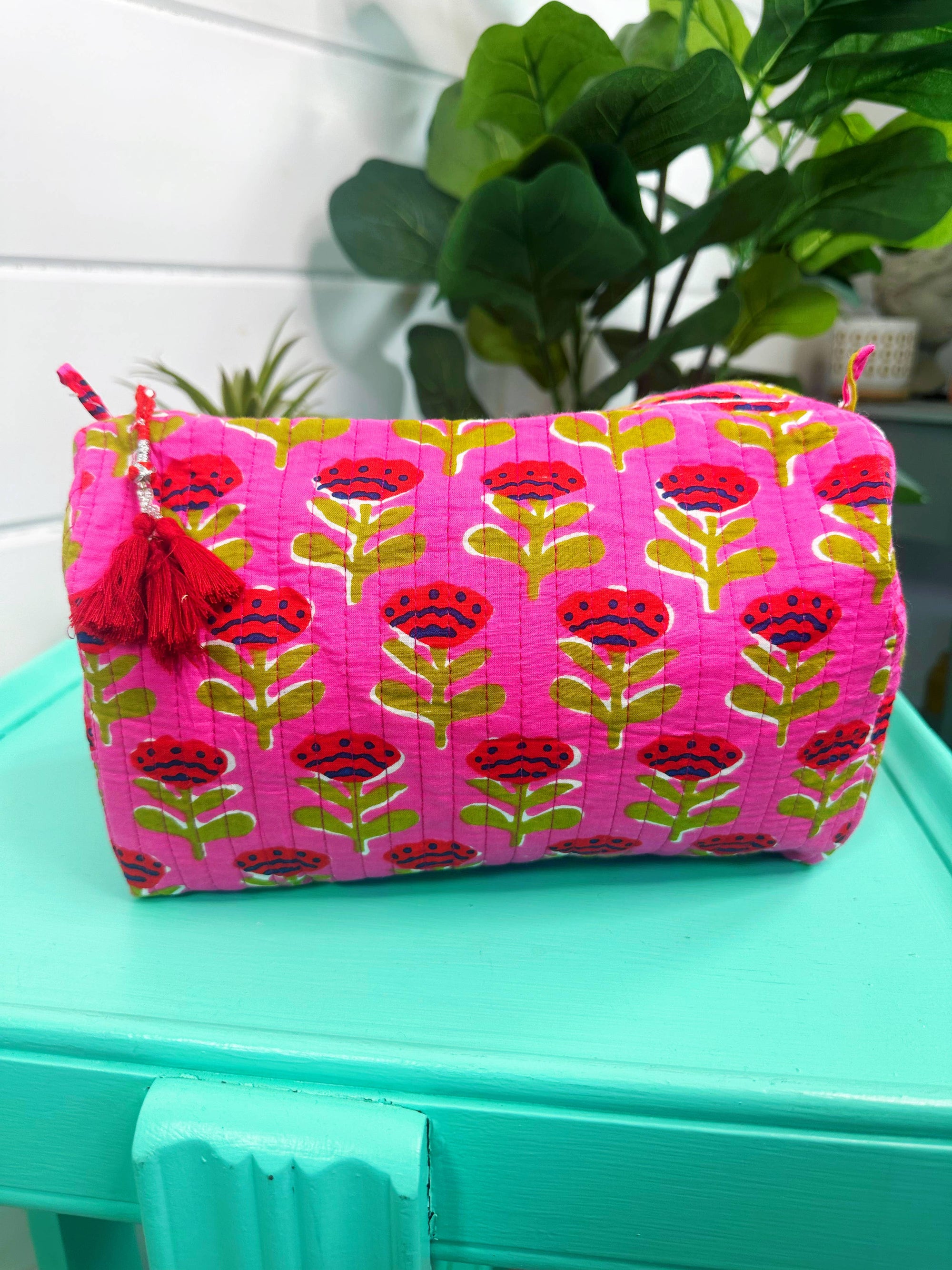 Quilted Makeup Bag | Cosmetic Toiletry Bag | Hot Pink Floral-Blue Hand Home